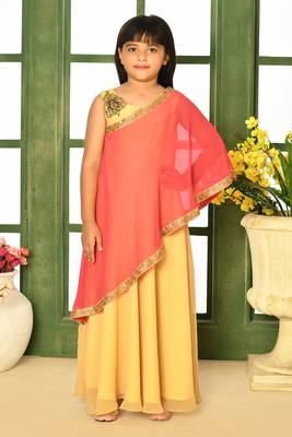 Beige embroidered faux georgette asymmetrical kids gown 1