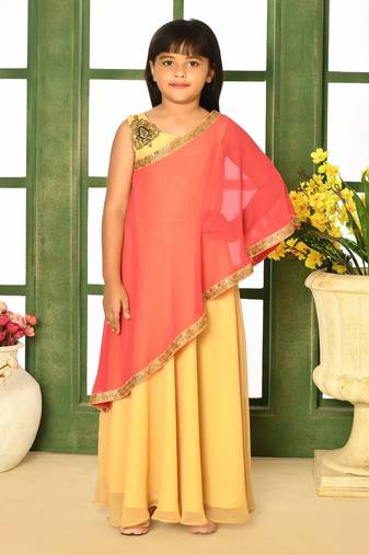 Beige embroidered faux georgette asymmetrical kids gown