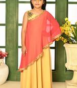 Beige embroidered faux georgette asymmetrical kids gown