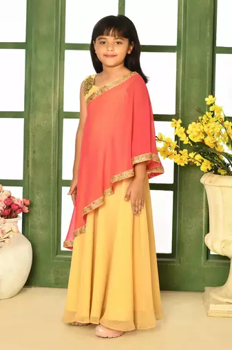Beige embroidered faux georgette asymmetrical kids gown