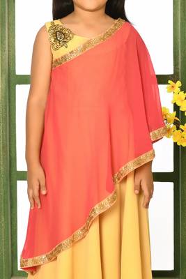 Beige embroidered faux georgette asymmetrical kids gown 4