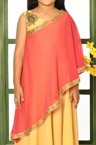 Beige embroidered faux georgette asymmetrical kids gown