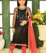 Black embroidered net a line kids salwar suits