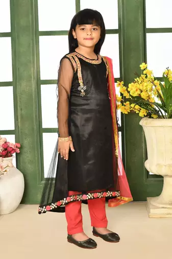 Black embroidered net a line kids salwar suits