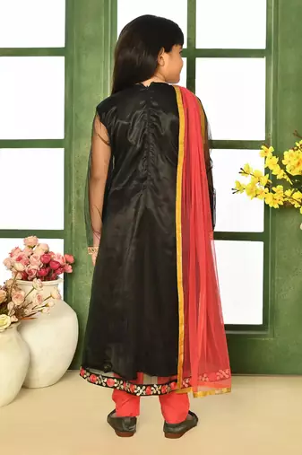 Black embroidered net a line kids salwar suits