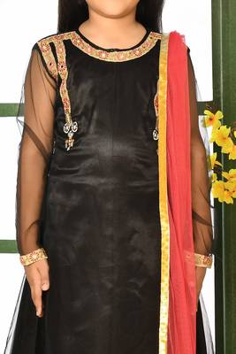 Black embroidered net a line kids salwar suits 4