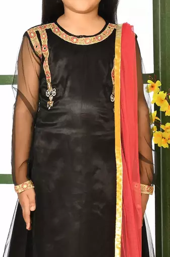 Black embroidered net a line kids salwar suits