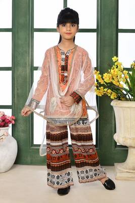 Orange printed chanderi silk straight kids salwar suits 1