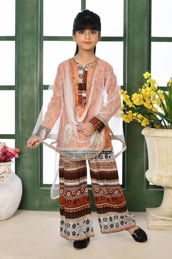 Orange printed chanderi silk straight kids salwar suits