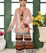 Orange printed chanderi silk straight kids salwar suits