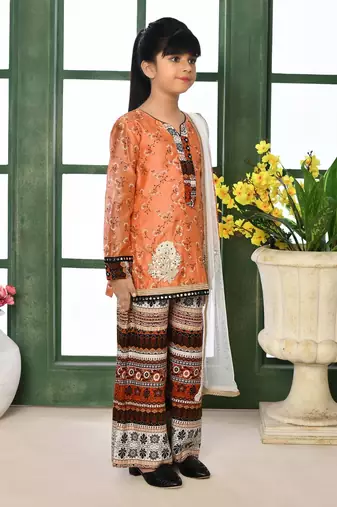 Orange printed chanderi silk straight kids salwar suits