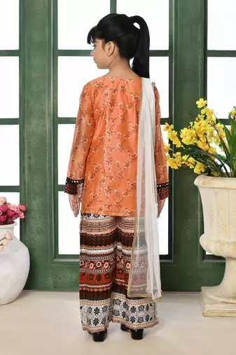 Orange printed chanderi silk straight kids salwar suits