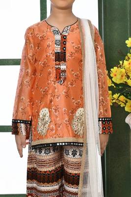 Orange printed chanderi silk straight kids salwar suits 4