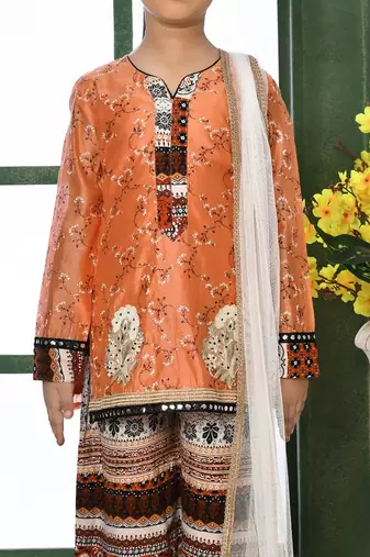 Orange printed chanderi silk straight kids salwar suits