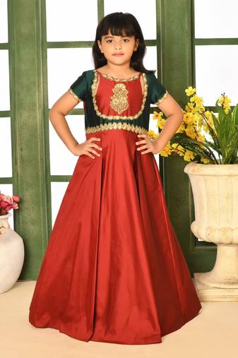 Maroon embroidered taffeta a line kids gown
