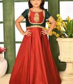 Maroon embroidered taffeta a line kids gown