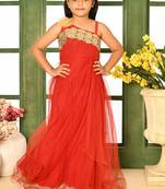Red embroidered net asymmetrical kids gown