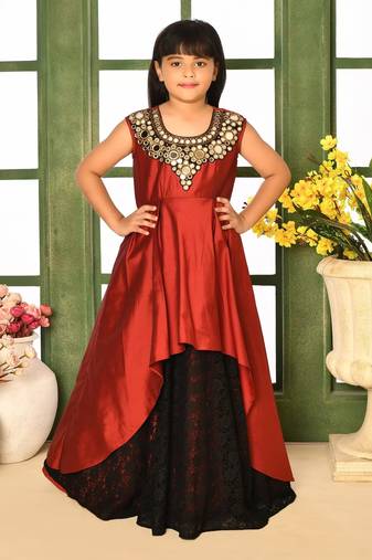 Maroon embroidered taffeta asymmetrical kids gown