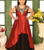 Maroon embroidered taffeta asymmetrical kids gown