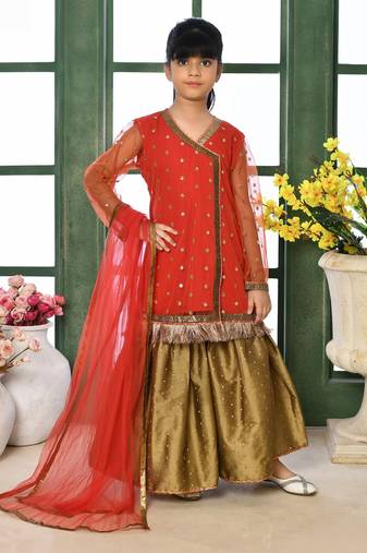 Red embroidered net straight kids salwar suits