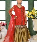 Red embroidered net straight kids salwar suits