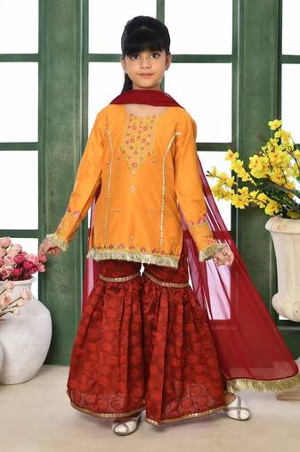 Yellow embroidered cotton silk straight kids salwar suits