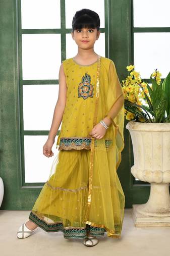 Yellow embroidered net straight kids salwar suits