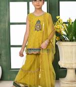 Yellow embroidered net straight kids salwar suits