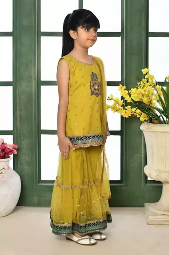 Yellow embroidered net straight kids salwar suits