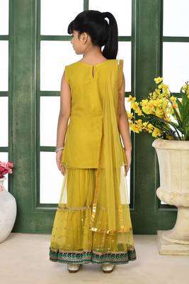 Yellow embroidered net straight kids salwar suits 3
