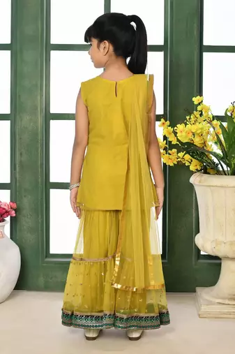 Yellow embroidered net straight kids salwar suits