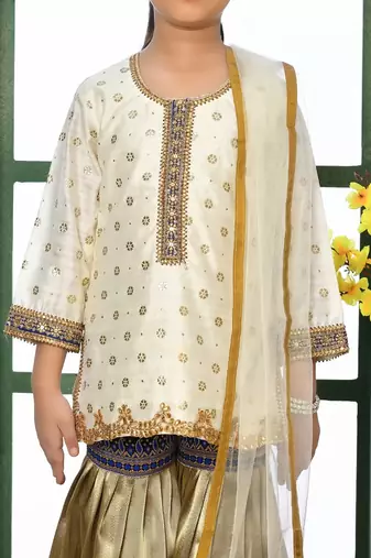 White embroidered chanderi silk straight kids salwar suits