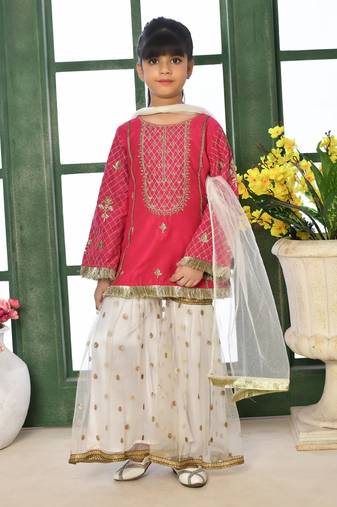 Pink embroidered cotton silk straight kids salwar suits