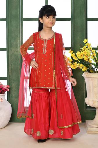 Red embroidered net straight kids salwar suits