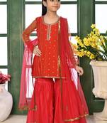 Red embroidered net straight kids salwar suits