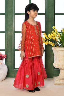 Red embroidered net straight kids salwar suits 2