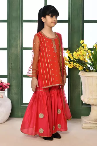 Red embroidered net straight kids salwar suits