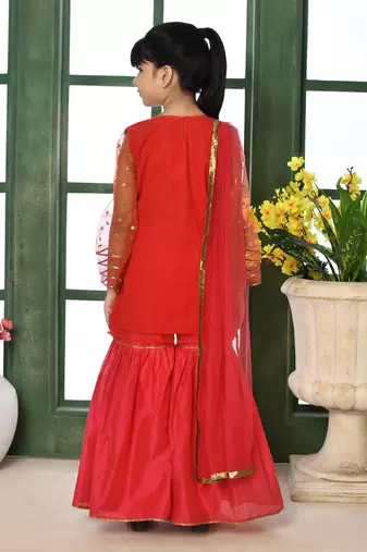 Red embroidered net straight kids salwar suits