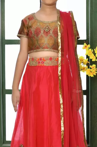 Red embroidered net straight kids salwar suits