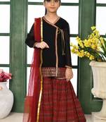Black embroidered faux georgette straight kids salwar suits
