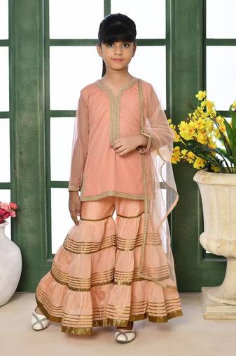 Pink embroidered net straight kids salwar suits