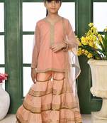 Pink embroidered net straight kids salwar suits