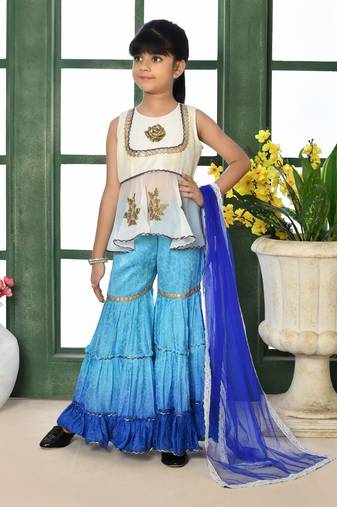White embroidered faux georgette straight kids salwar suits
