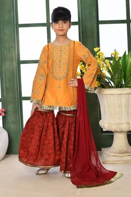 Yellow embroidered cotton silk straight kids salwar suits 1