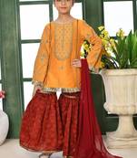 Yellow embroidered cotton silk straight kids salwar suits