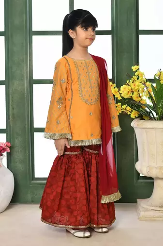 Yellow embroidered cotton silk straight kids salwar suits