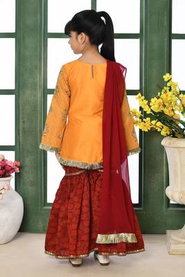 Yellow embroidered cotton silk straight kids salwar suits 3