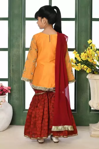 Yellow embroidered cotton silk straight kids salwar suits