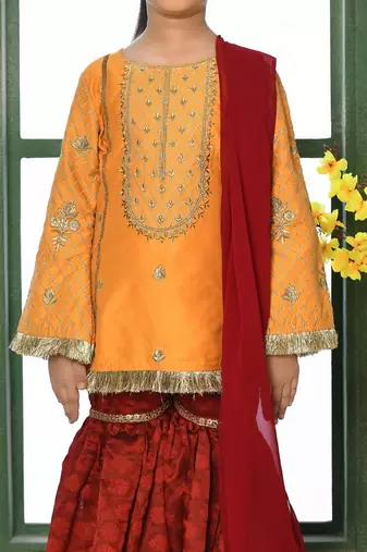 Yellow embroidered cotton silk straight kids salwar suits