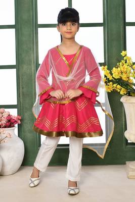 Pink woven cotton silk a line kids salwar suits 1